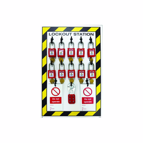 Custom Branded Lockout Station, 10 Lock Capacity, Includes Contents (10xpadlocks, 4x pk of 10 tags, 1x25mm hasp)