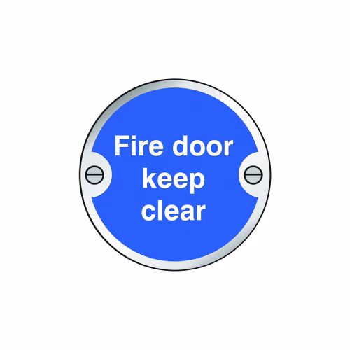 Fire door keep clear 76mm dia aluminium pre-drilled c/w fixings